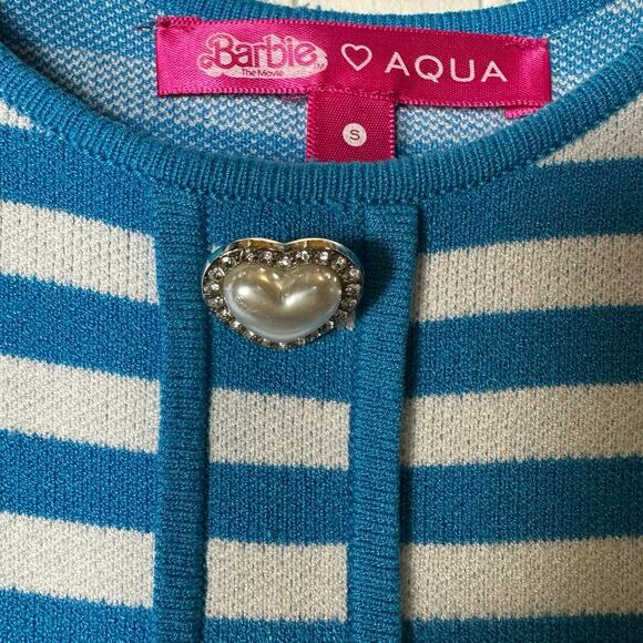 Barbie x Aqua Blue Striped Knit Mini Dress with Heart Buttons - Picture 5 of 6